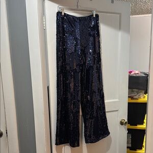 Sequin Wide Leg Pants - Navy
